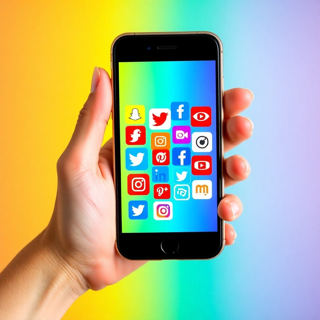 An engaging visual displaying an array of social media icons creatively arranged on a smartphone screen while being held by an enthusiastic user. The background is vibrant with playful colors to reflect creativity and connectivity. The image should inspire viewers to engage with the brand through a modern, dynamic approach.